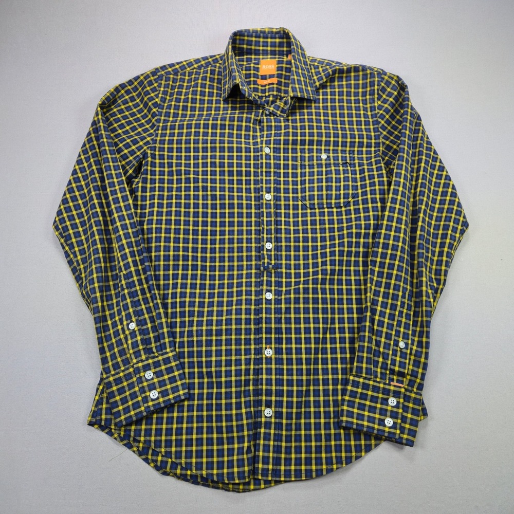Hugo Boss Button Down Shirt Slim Fit Check Plaid Yellow Blue Mens Size‎ S
